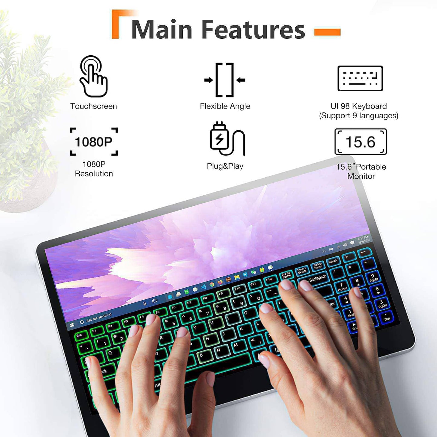 KX 15.6" Portable External Travel Touchscreen with 9 Languages UI Keyboard