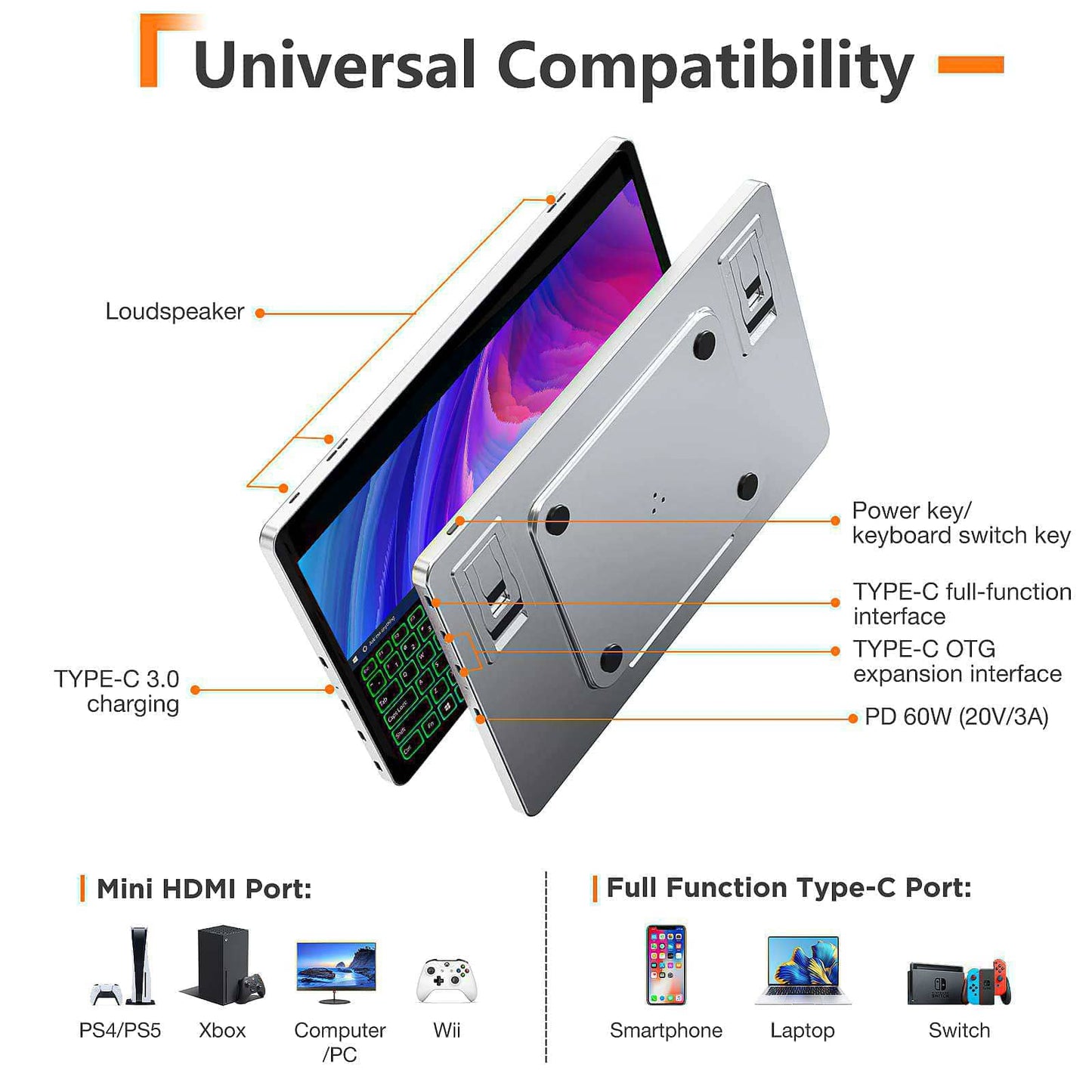 KX 15.6" Portable External Travel Touchscreen with 9 Languages UI Keyboard