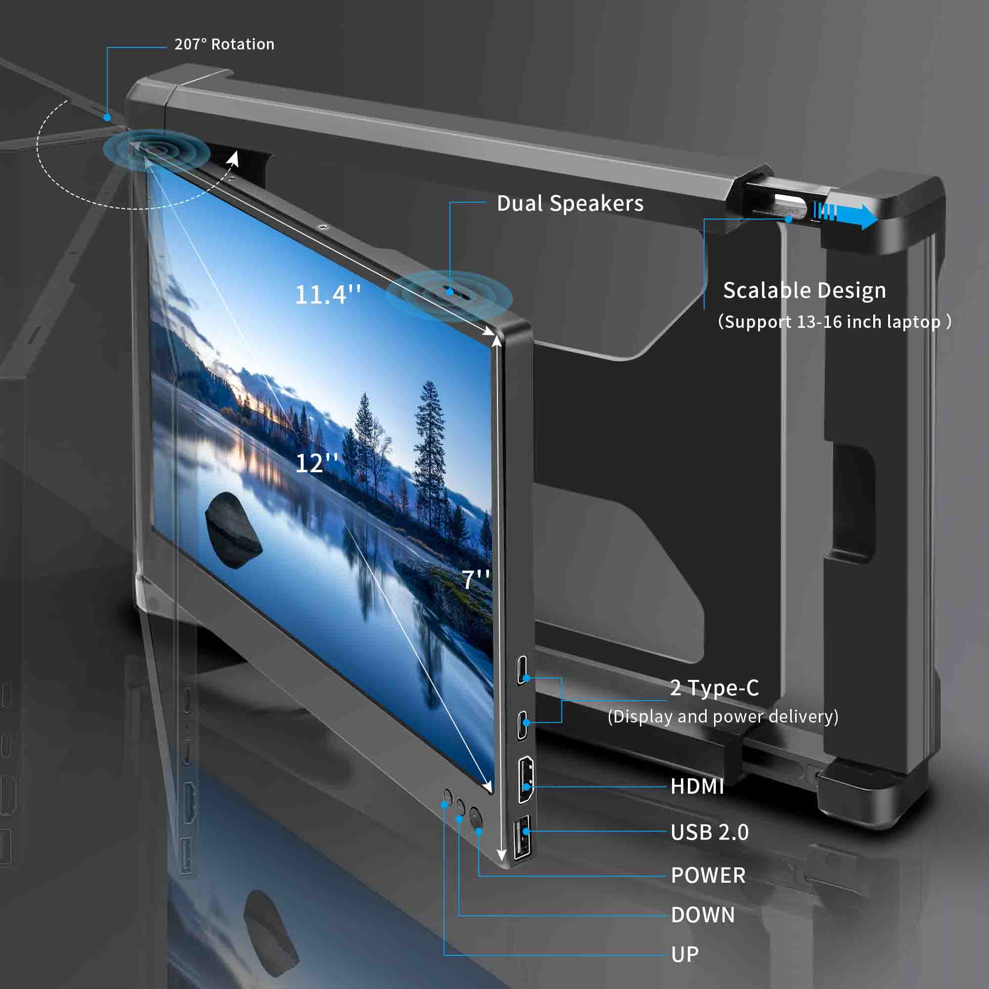 P1 12'' palcová dvojitá obrazovka, jedna extra obrazovka pre notebook